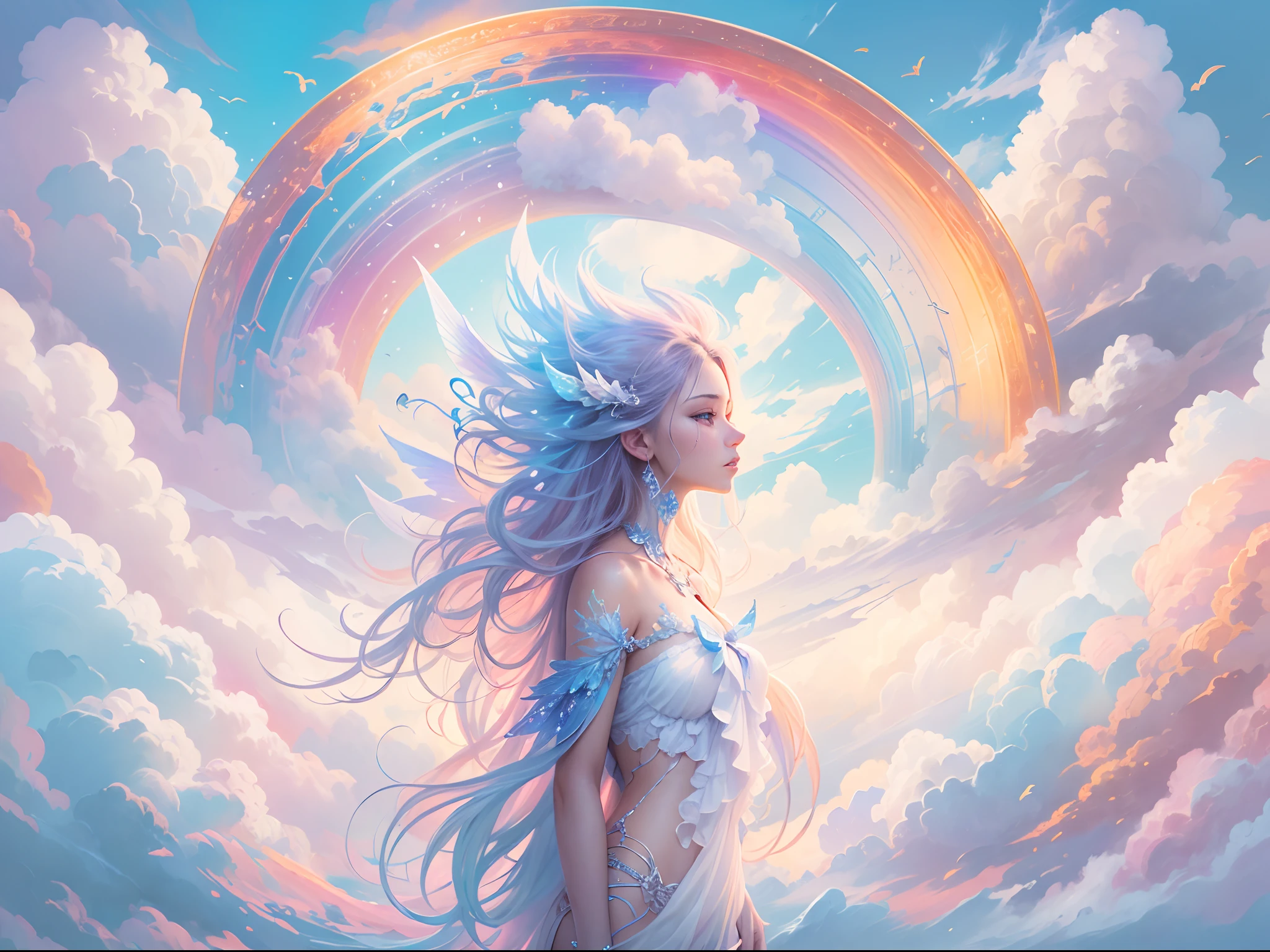 (Need)), ((tmasterpiece)), (A detailed),Rainbow fairy,Blue sky and white cloud background,Detail rainbow,Blue sky rainbow,ethereal rainbows,Simple composition,anatomy correct,Surreal dreams,Surrealist art fantasy style,Epic digital fantasy art style