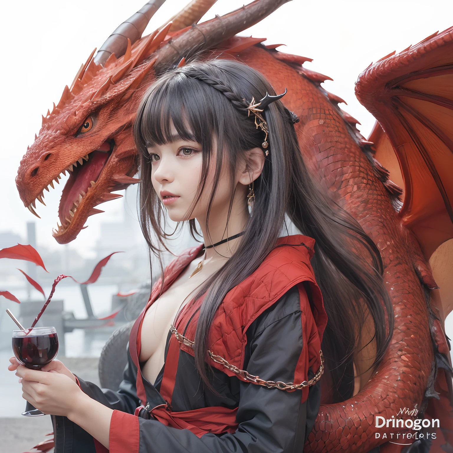 girl with long black hair holding a bottle of wine, dragon wings, the dragon girl portrait, dragon in the background, black dragon