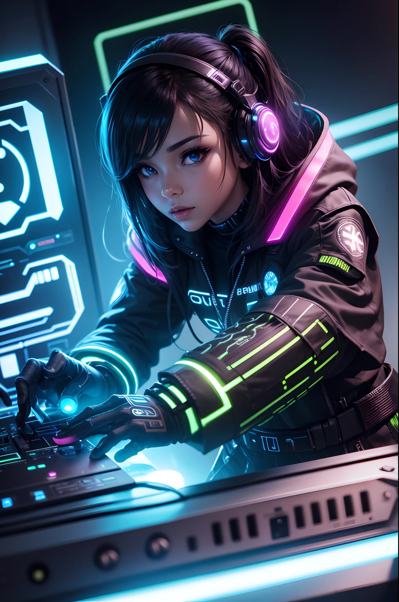 Close-up of a person touching a glowing object on a table, holographic interface, luminous cockpit, nvidia omniverse, Softly illuminated control panel, sci-fi computer, computers and holograms, futuristic hi-tech details, futuristic computer, turntablism dj scratching, mechanical features and neon, Cyberpunk synthesizer, LED horizon zero twilight,Hand detail,5 fingers
