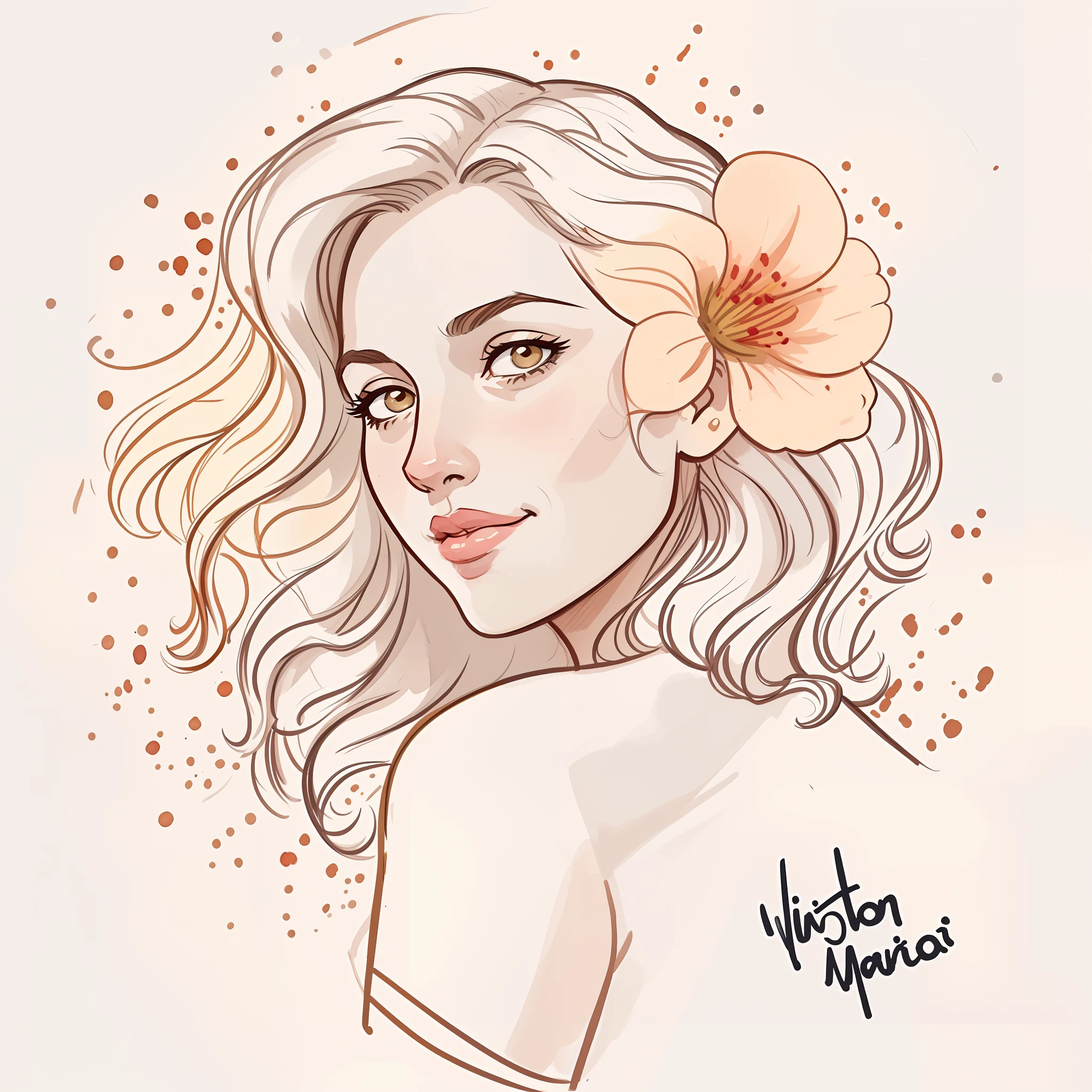 There is a drawing of a woman with a flower in her hair, Portrait illustration, No estilo de arte de Bowater, detailed illustration portrait, digital illustration portrait, desenho de estilo vetorial, retrato de arte de linha, in illustration style digital, retrato estilizado, Cartoon style illustration, retrato detalhado, retrato bonito, Directed by: Milton Menasco, retrato dos desenhos animados, watercolor illustration style