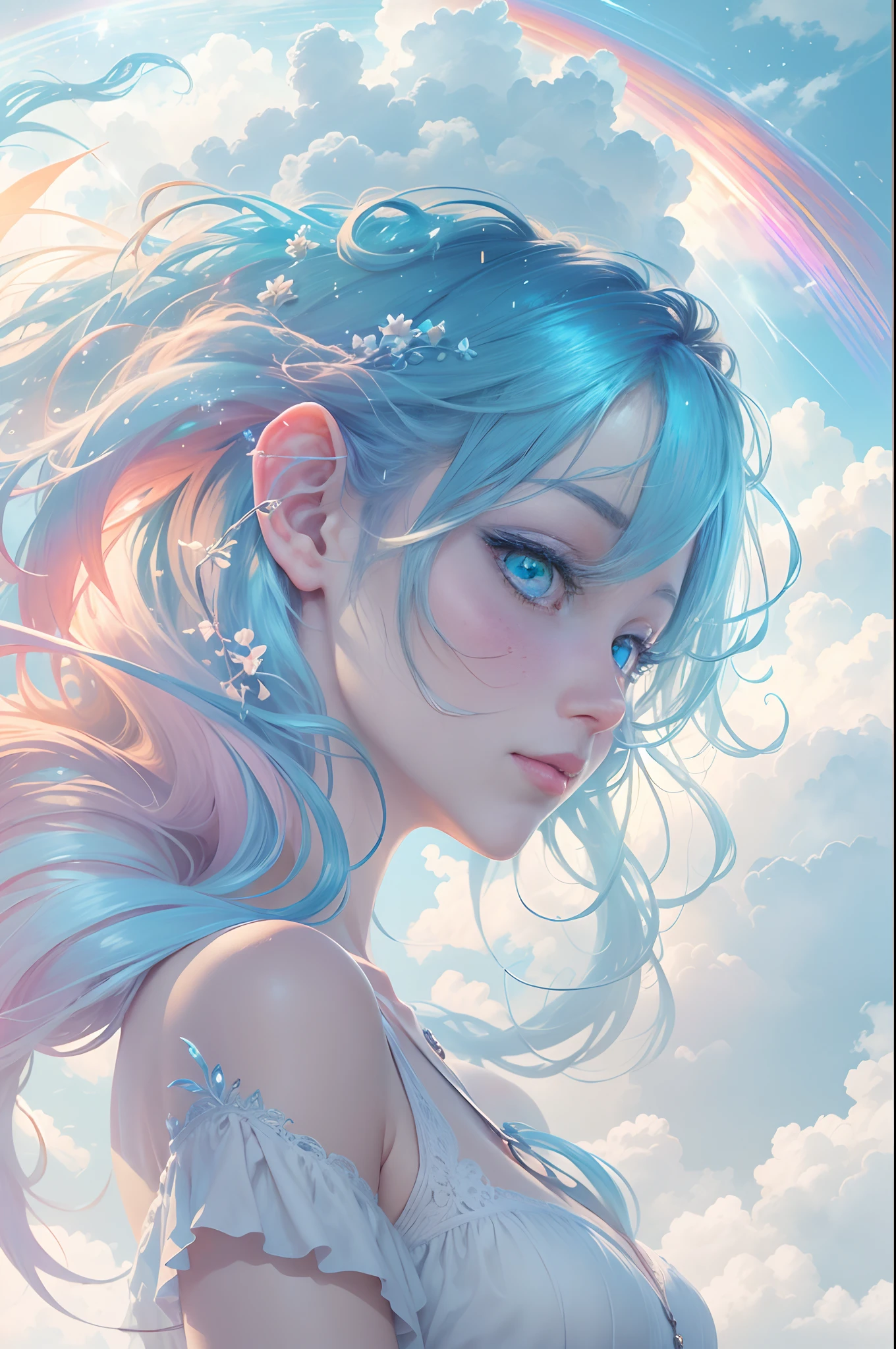 (Need)), ((tmasterpiece)), (A detailed),rainbowing,Blue sky and white cloud background，Detail rainbow,Blue sky rainbow，ethereal rainbows，Simple composition，anatomy correct，Surreal dreams，Surrealist art fantasy style，Epic digital fantasy art style