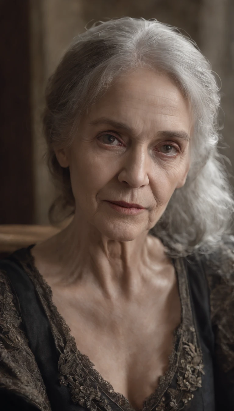 uma senhora, Half Body Sitting Gothic Clothes And Old And Unkempt Looking In 2023, 70 anos, velho, Detalhes em cinza,estilo realista