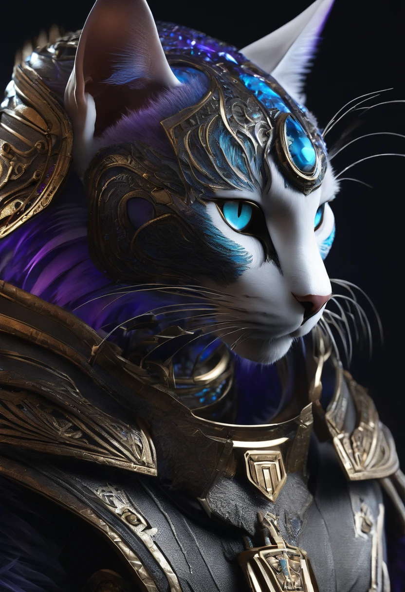Anthropomorphic majestic egipcian cat + cyberpunk style + purple + blue + blue eyes + black background + finely detailed armor, 8k, unreal engine --ar 9:16 --s 5000 --upbeta --testp --upbeta