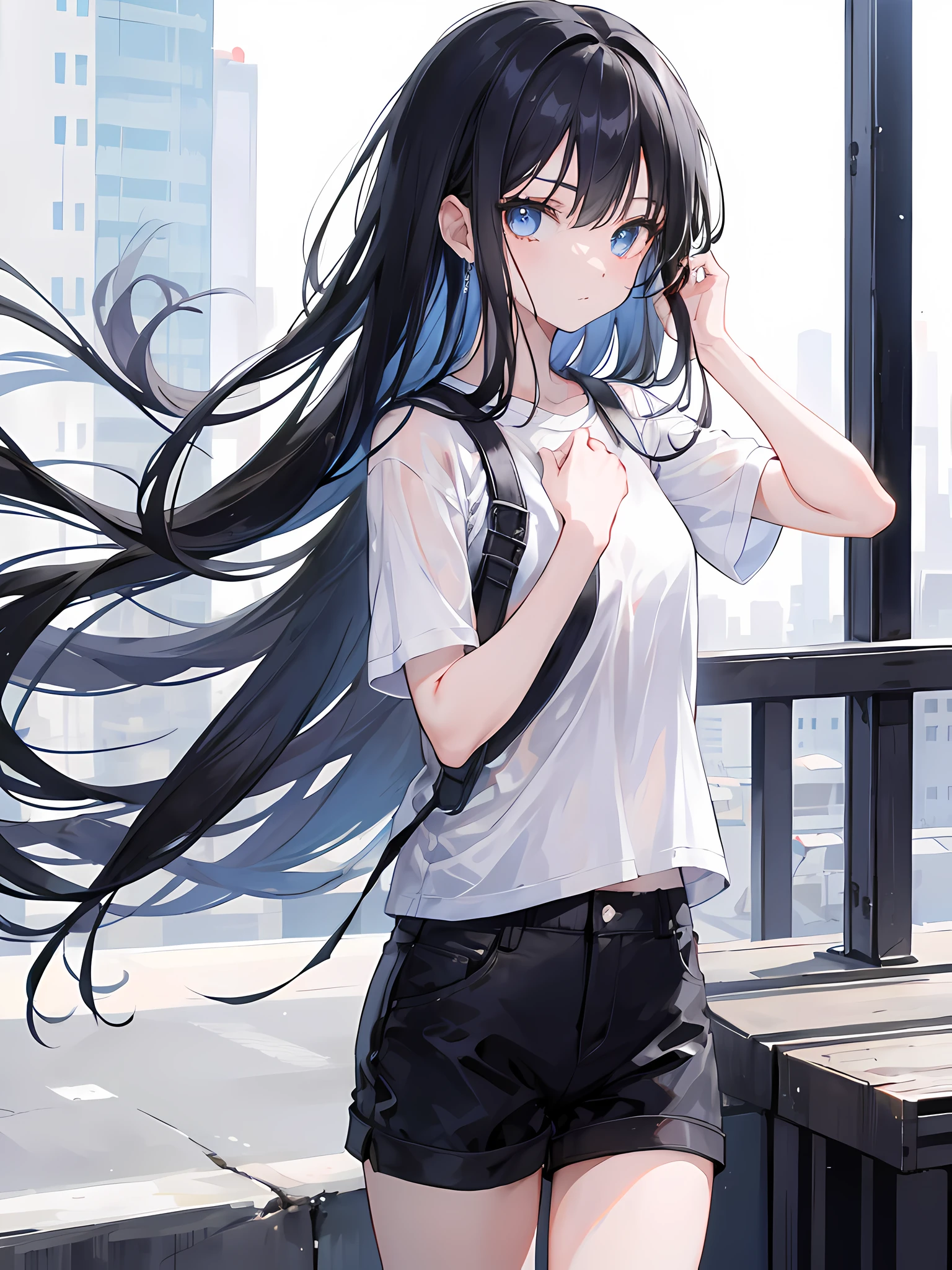 1girl, long black hair, blue eyes, wearing plain shirt, shorts, city, absurdres, high res, ultrasharp, 8K, masterpiece, looking at viewer