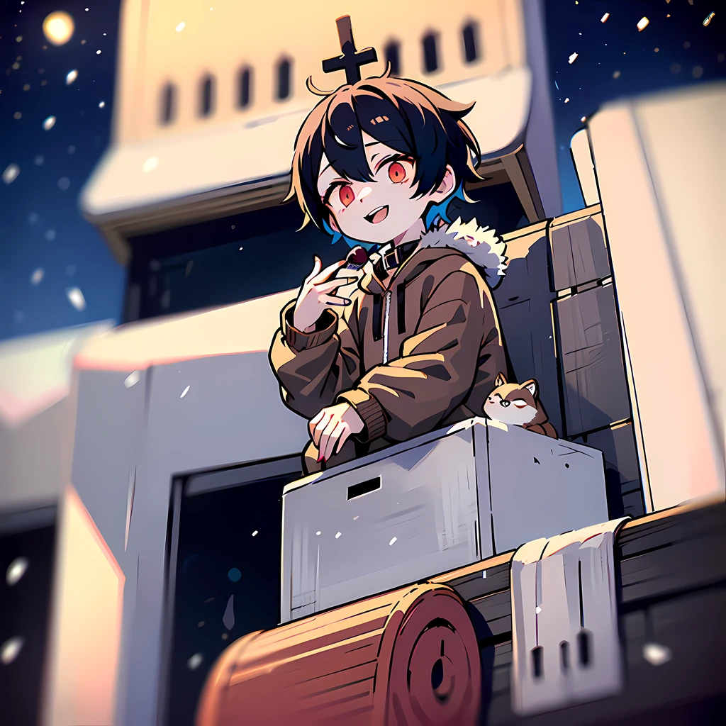 Best image quality snow，Sit on the roof，1 little boy，Holding a wine bottle in his hand，Head up 45 degrees up，having fun，adolable，big laughter，Black hair, red eyes, brown jacket， the night，Fur collar, natta，Short flowing black hair on the upper body，Small animals，Cute kittens and puppies all around