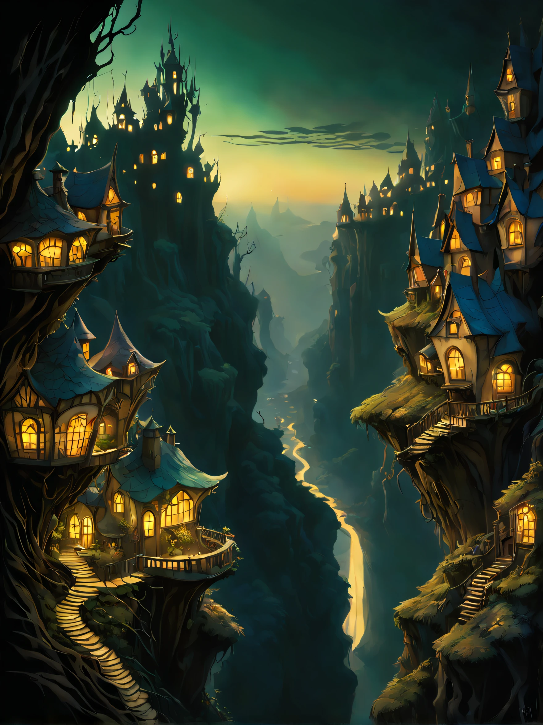 A surreal art of a fairies land, where there is a canyon with houses built on its edges, and lights shining from their windows, magical dark sunset, fairy, dreamy, mysterious, (by Brian Froud & Arthur Rackham & Eyvind Earle), digital illustration style, cool and whimsical, featured on Behance, outdoor scene, imaginative details, high resolution