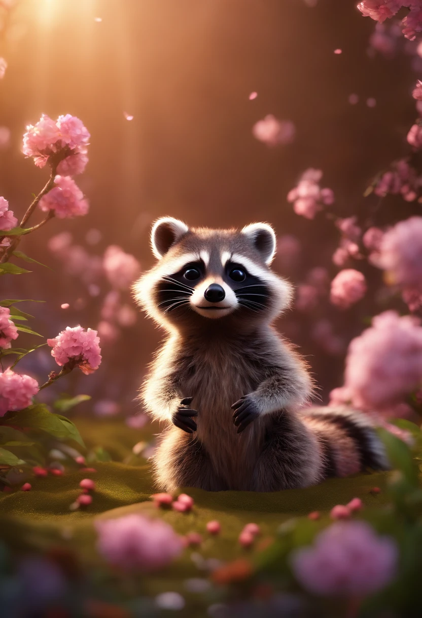 a tiny adorable raccoon ofering a flower, sakura bloomed background, pixar style, fantasy, epic scene, volumetric light, octane render, 8k --ar 9:16 --s 1250 --testp --upbeta