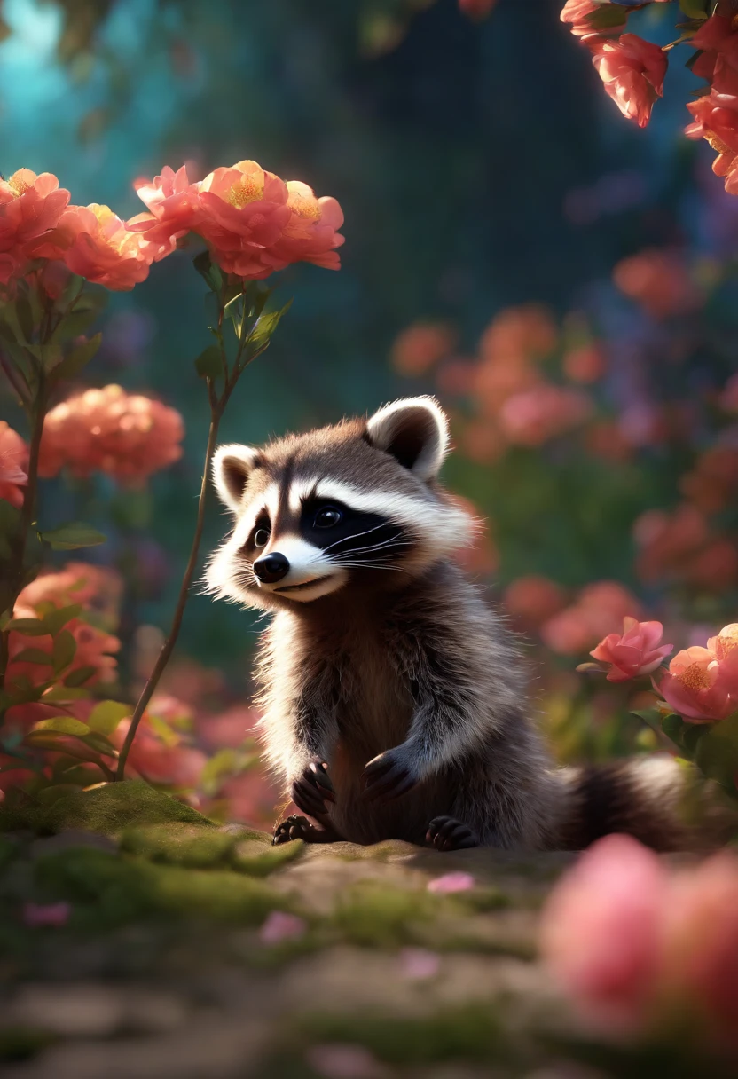 a tiny adorable raccoon ofering a flower, sakura bloomed background, pixar style, fantasy, epic scene, volumetric light, octane render, 8k  --ar 9:16  --s 1250            --testp --upbeta