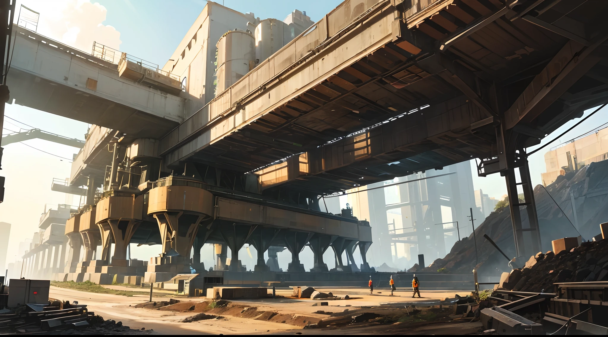 Sci-fi industrial high-tech mining complex in a large mining quarry, Ultra-detailed giant 100 metres high metal structures, mining machines dig the soil and pour it into giant trucks, Volumetric light at noon --auto