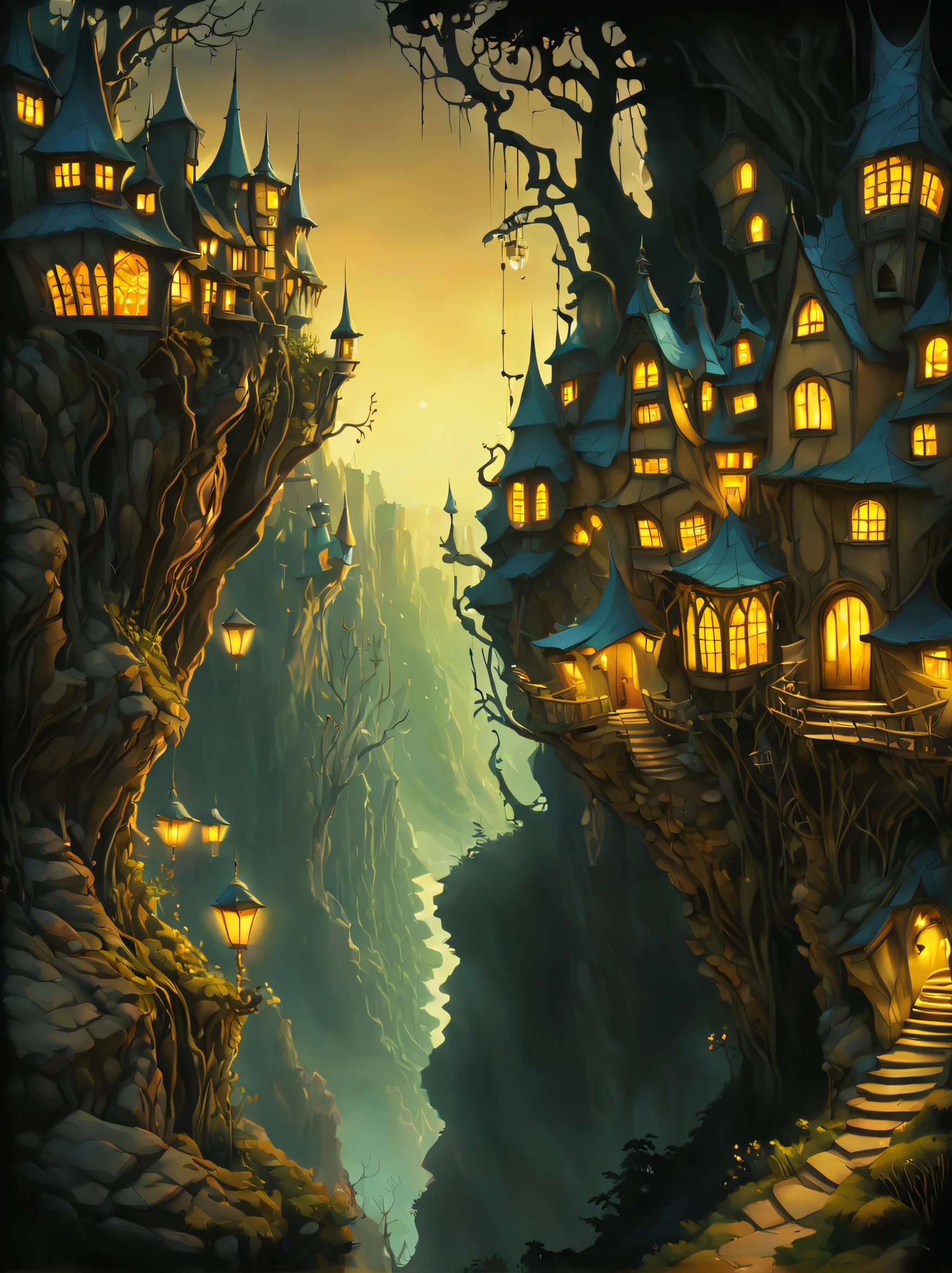 A surreal art of a fairies land, where there is a canyon with houses built on its edges, and lights shining from their windows, magical dark sunset, fairy, dreamy, mysterious, (by Brian Froud & Arthur Rackham & Eyvind Earle), digital illustration style, cool and whimsical, featured on Behance, outdoor scene, imaginative details, high resolution