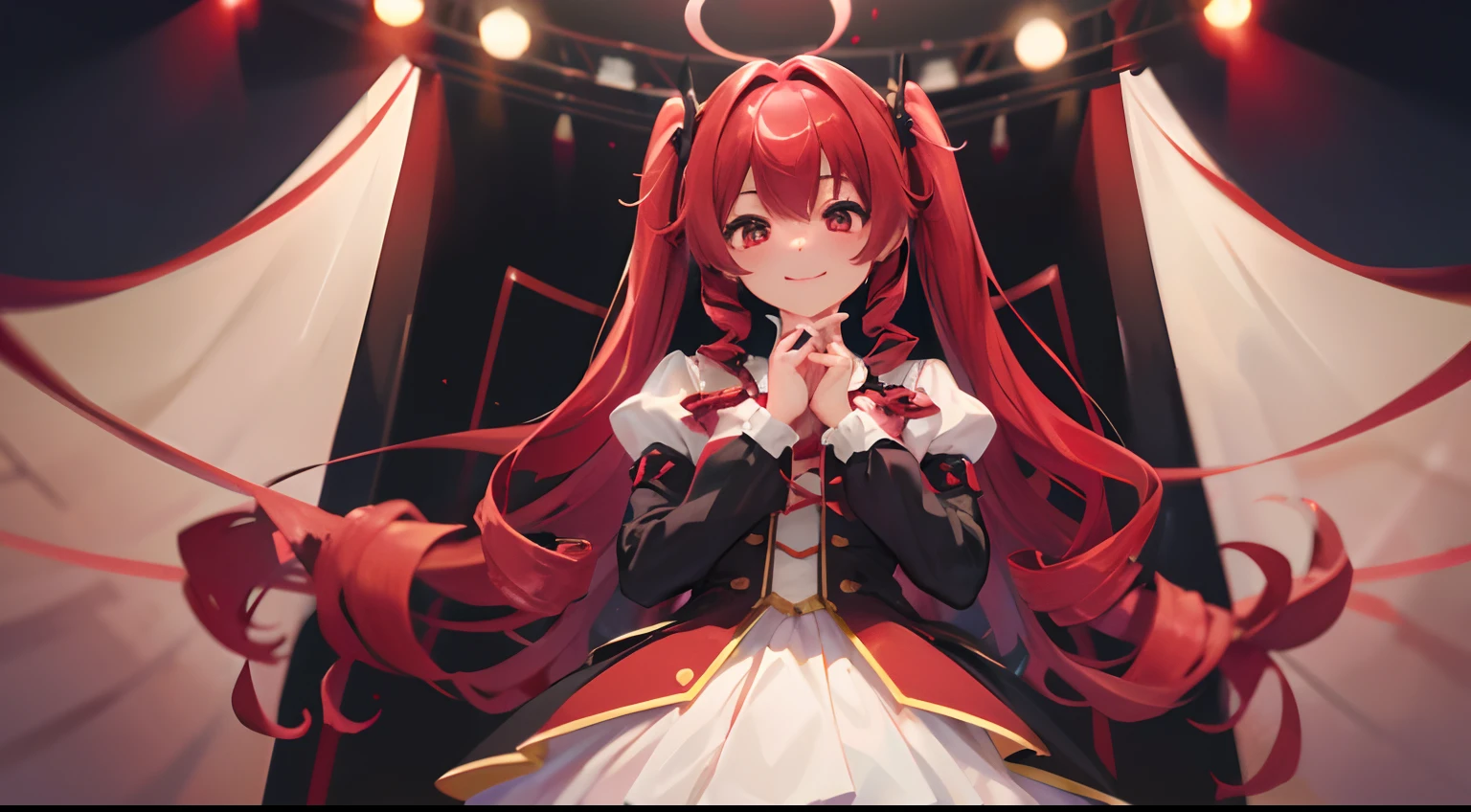 kawaii、1girl in、hiquality、((​masterpiece))、Tet、KasaneTeto、Twindrill hair、Smile in public、at stage、red hairs、neat clothes of neat gray color,、Red curly hair like a drill、red eyes