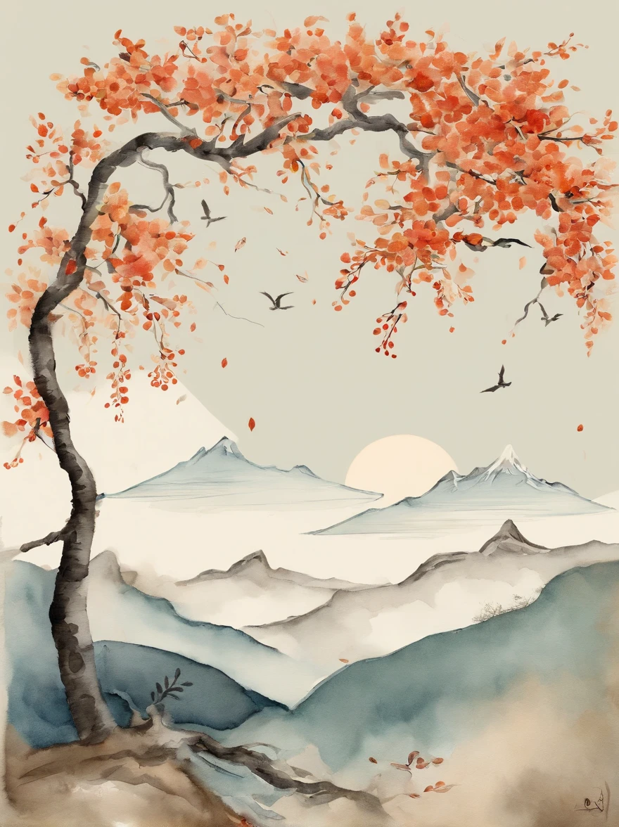 Text layout, 《poetry》, Tinta de agua,Meilanzhuju,pintura tradicional china,Clear lines, plano, graphic,La imagen debe estar escrita en cursiva "Happy Mid-Autumn Festival",There should be a moon in the picture、Ramas de Osmanthus,Los colores son brillantes