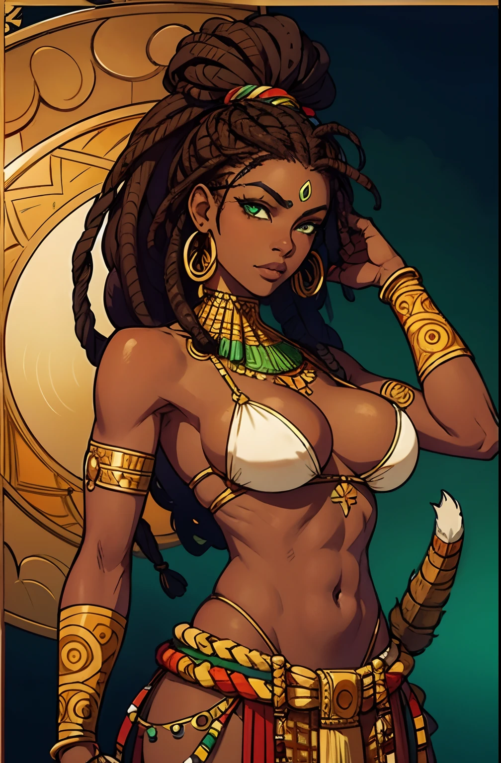 African Woman. African Hair. Dread Hair. Green Eyes. Tribal Fighting Clothes. Golden Details. Tribal Accessories