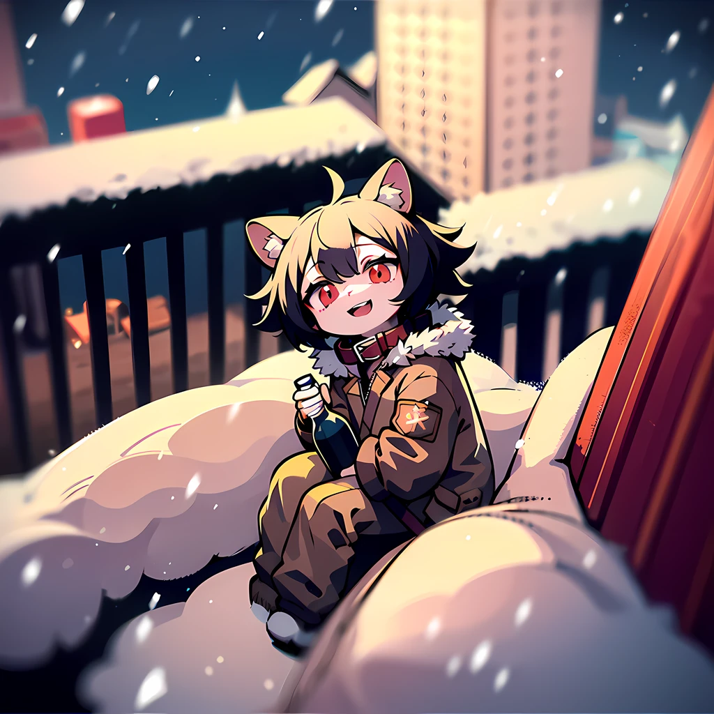 Best image quality snow,Sit on the roof,1 little boy,Holding a wine bottle in his hand,Head up 45 degrees up,having fun,adolable,big laughter,Black hair, red eyes, brown jacket, the night,Fur collar, natta,Short flowing black hair on the upper body,Small animals,Cute kittens and puppies all around