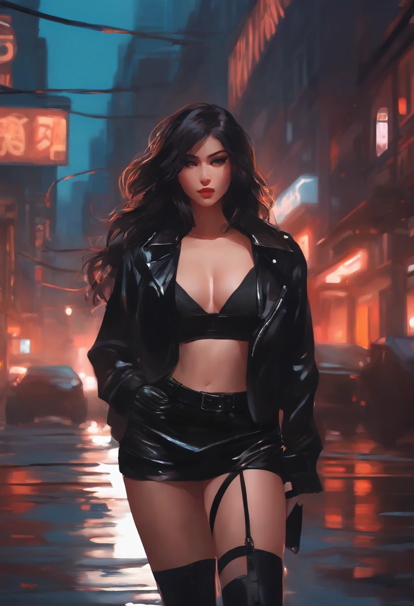 Anime girl standing on city street wearing leather skirt and black erotic lingerie, Long-haired Ilya Kuvshinov, Guviz-style artwork, Anime art wallpaper 8 K, Guwitz at the art station Pisif, Guvitz at Pisif Art Station, cyberpunk anime art