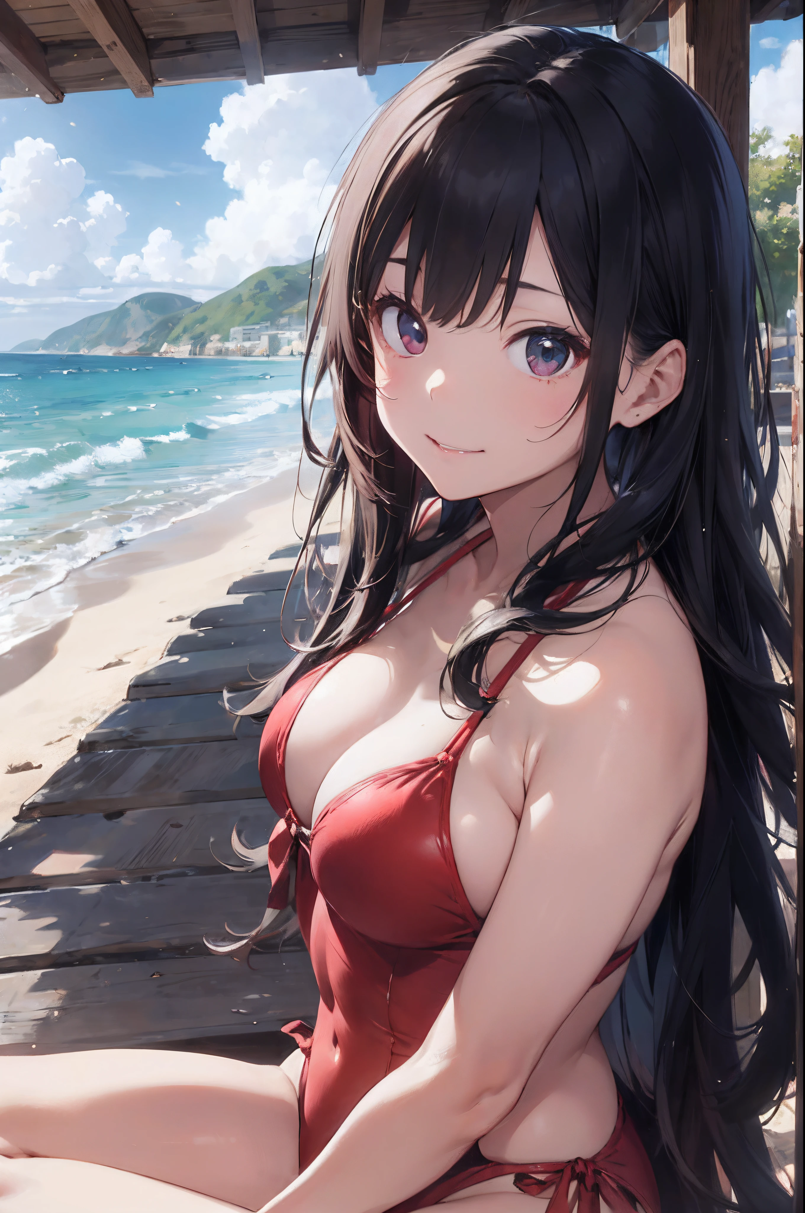 hight resolution、
One beautiful young woman、
(Soft Saturation:1.3)、(light skinned:1.2)、
(hyper detailed background、细致背景)、bokeh dof、
Romper,Portrait of smiling girl。When viewed from the front、The composition is symmetrical。
Look straight at you with serious eyes、Romper,(Red swimsuit)、(red bikini)、middlebreast、
outside of house、sea surface、Skysky、rays of sunshine、Summer beaches、sand beach、
strong lights、front lit、
(teen ager:1.3)、(cowboy  shot:1.2)、break
Angle from the front、
looking at viewert、
dynamicposes、
Sitting on the beach

seaweed、wakame、wakame、wakame、wakame、wakame、wakame、