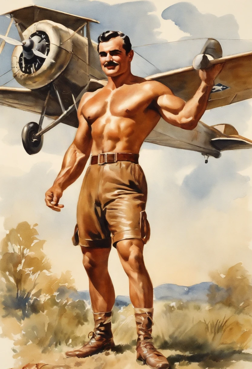 1950s Watercolor, Pen and Ink, 30 yo bodybuilder Burt Reynolds in retro fashion, pin-up style, full body shot, bulging hairy chest, polyester shorts, muscular legs, dynamic bodybuilding pose, depiction of rural life, light gray and light brown and red and white and blue, in the style of classical Americana, ww1 airplane, leather pilot helmet, mottled, playful roughness, dotted, cutout from white background, in the style of Andrew Loomis, masterpiece art work,