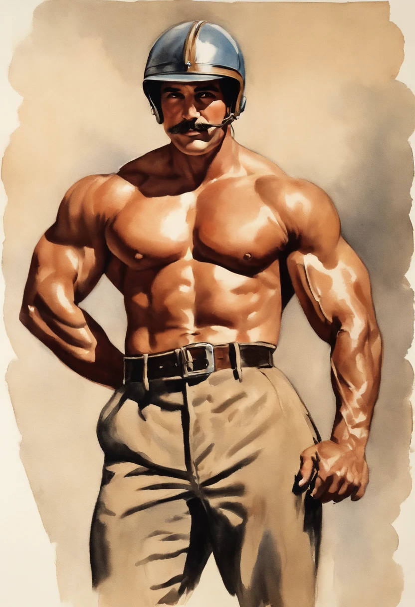 1950s Watercolor, Pen and Ink, 30 yo bodybuilder Burt Reynolds in retro fashion, pin-up style, full body shot, bulging hairy chest, polyester shorts, muscular legs, dynamic bodybuilding pose, depiction of rural life, light gray and light brown and red and white and blue, in the style of classical Americana, ww1 airplane, leather pilot helmet, mottled, playful roughness, dotted, cutout from white background, in the style of Andrew Loomis, masterpiece art work,