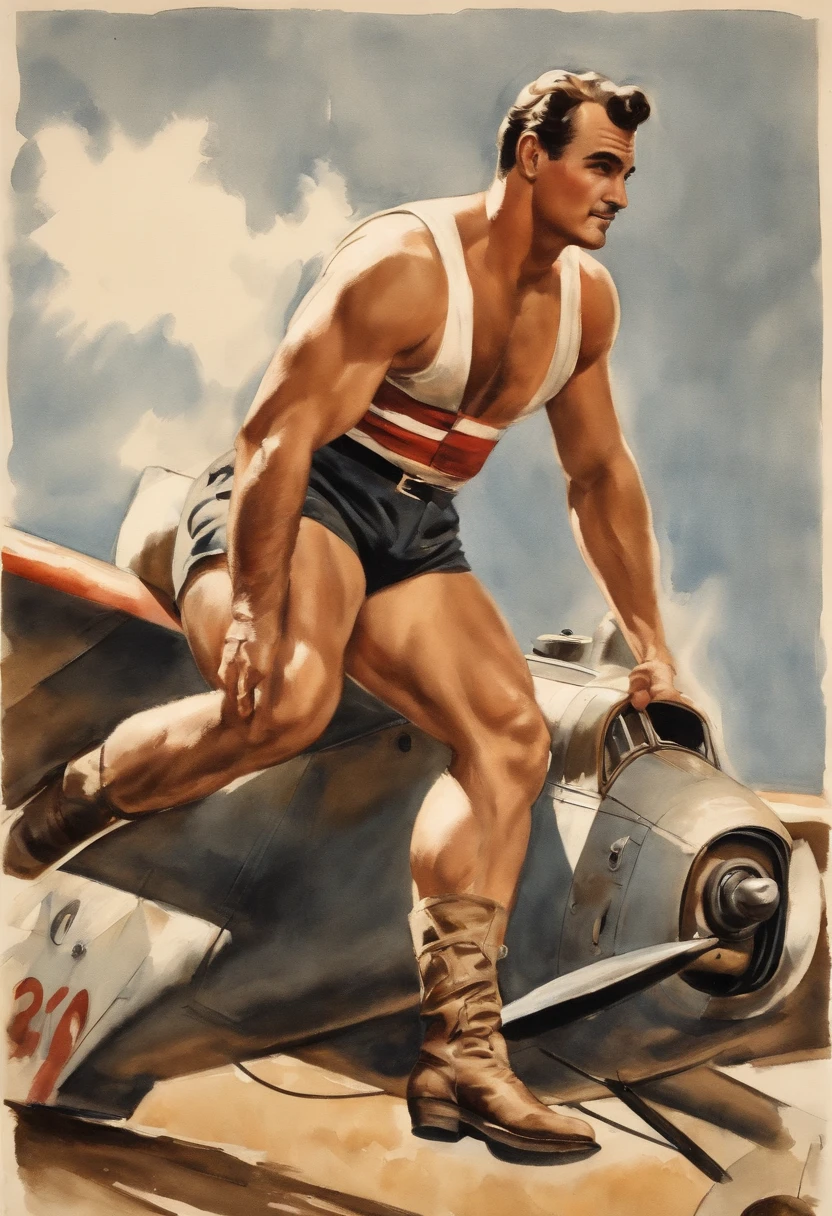 1950s Watercolor, Pen and Ink, 30 yo bodybuilder Burt Reynolds in retro fashion, pin-up style, full body shot, bulging hairy chest, polyester shorts, muscular legs, dynamic bodybuilding pose, depiction of rural life, light gray and light brown and red and white and blue, in the style of classical Americana, ww1 airplane, leather pilot helmet, mottled, playful roughness, dotted, cutout from white background, in the style of Andrew Loomis, masterpiece art work,