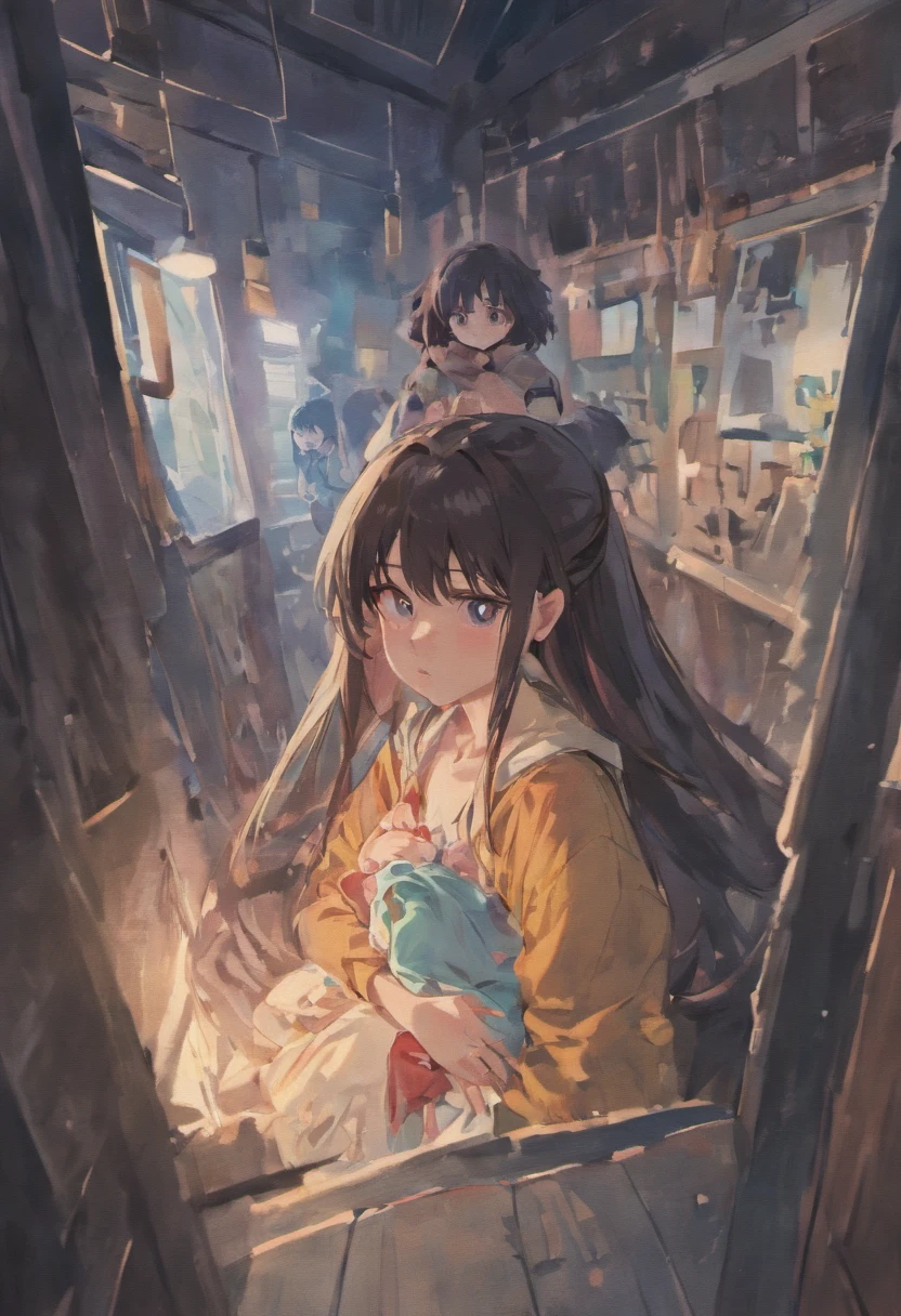 A dark-haired,The long-haired,elementary student,animesque,girl with,baby room,Wearing diapers,barechested,Black eyes,baby room,Wearing diapers