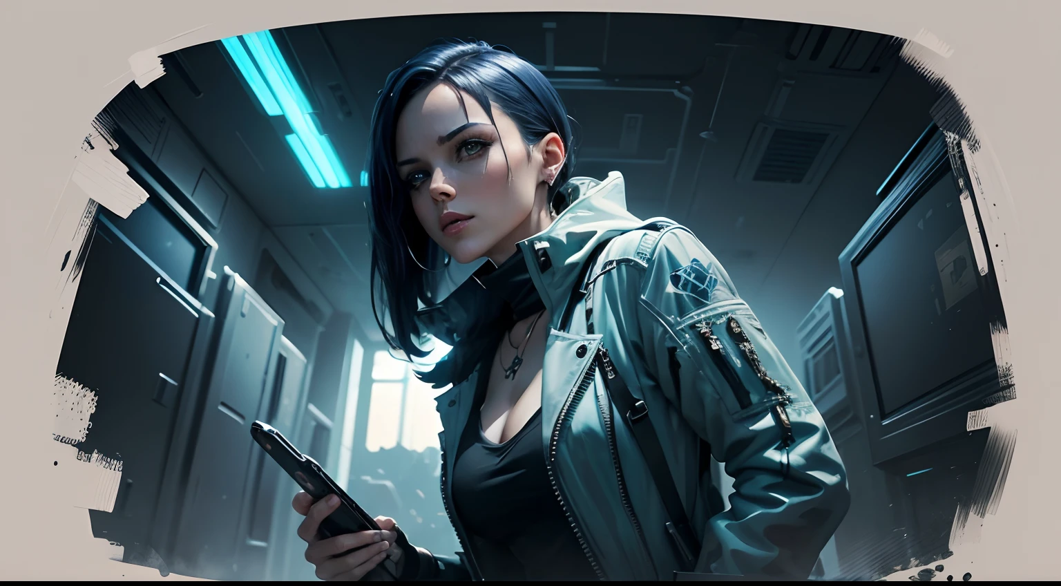 Doctor Amanda Oliver, renowned scientist, ((outside the spacecraft)), ((on the exotic surface of the planet Chronos)), trying to handle her communication device with the spacecraft's AI and failing to make contact. Cyberpunk Style, Splash Art, Ink Spinning Style, Outline, Hyper-Detailed, Intrinsically Detailed, Unreal Engine, Genie, Splash Screen, Complementary Colors, Fantasy Concept Art, 8k Resolution, Masterpiece of Deviant Art, Color Paints oil, heavy strokes, splash arts, paint splashes, watercolor splashes, detailed painting. high definition. Design. Ashley Wood style.