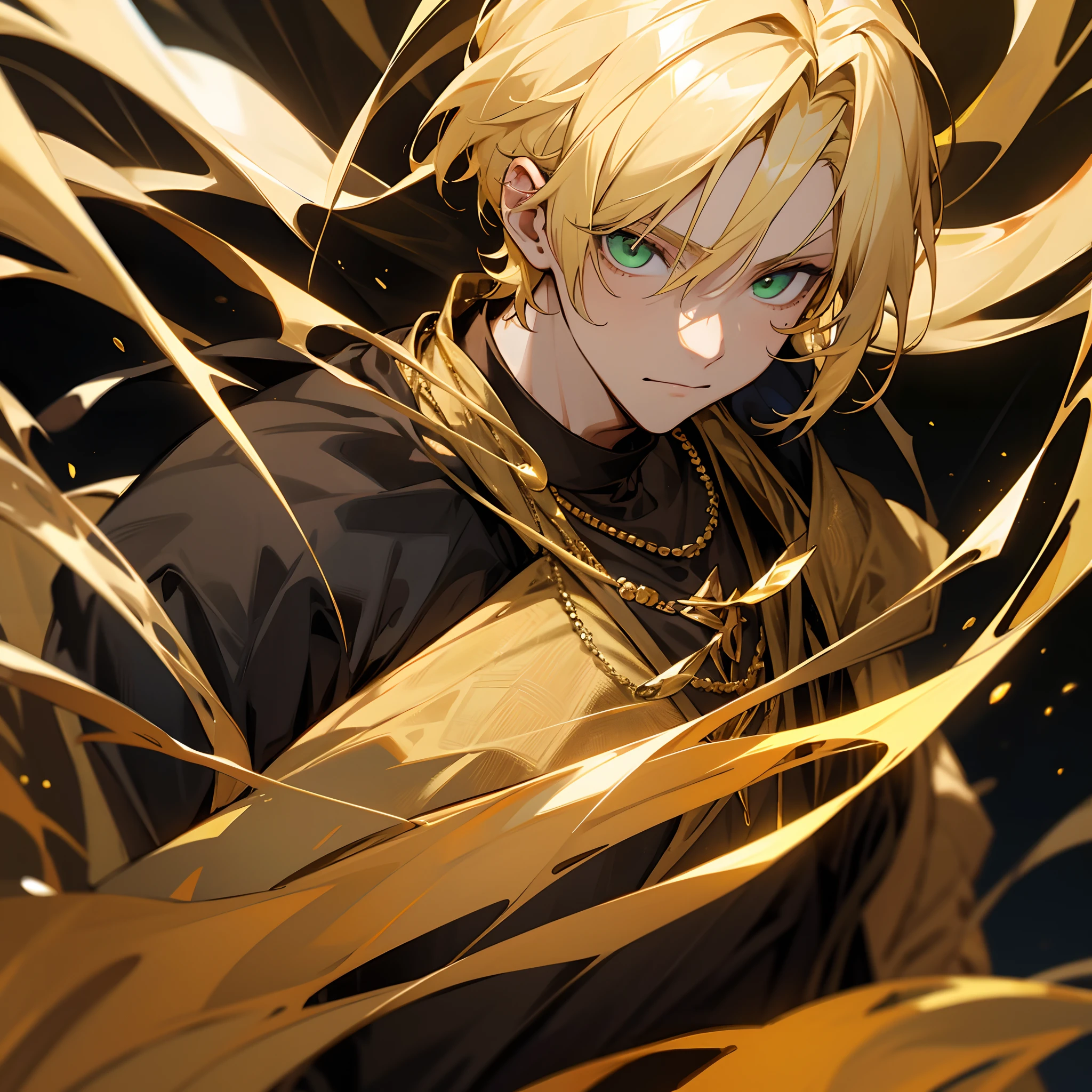 1male , Blonde hair , green eyes , loose black warrior clothing , golden necklace , gold jewelry , ultra good quality , detailed clothing , 4k quality