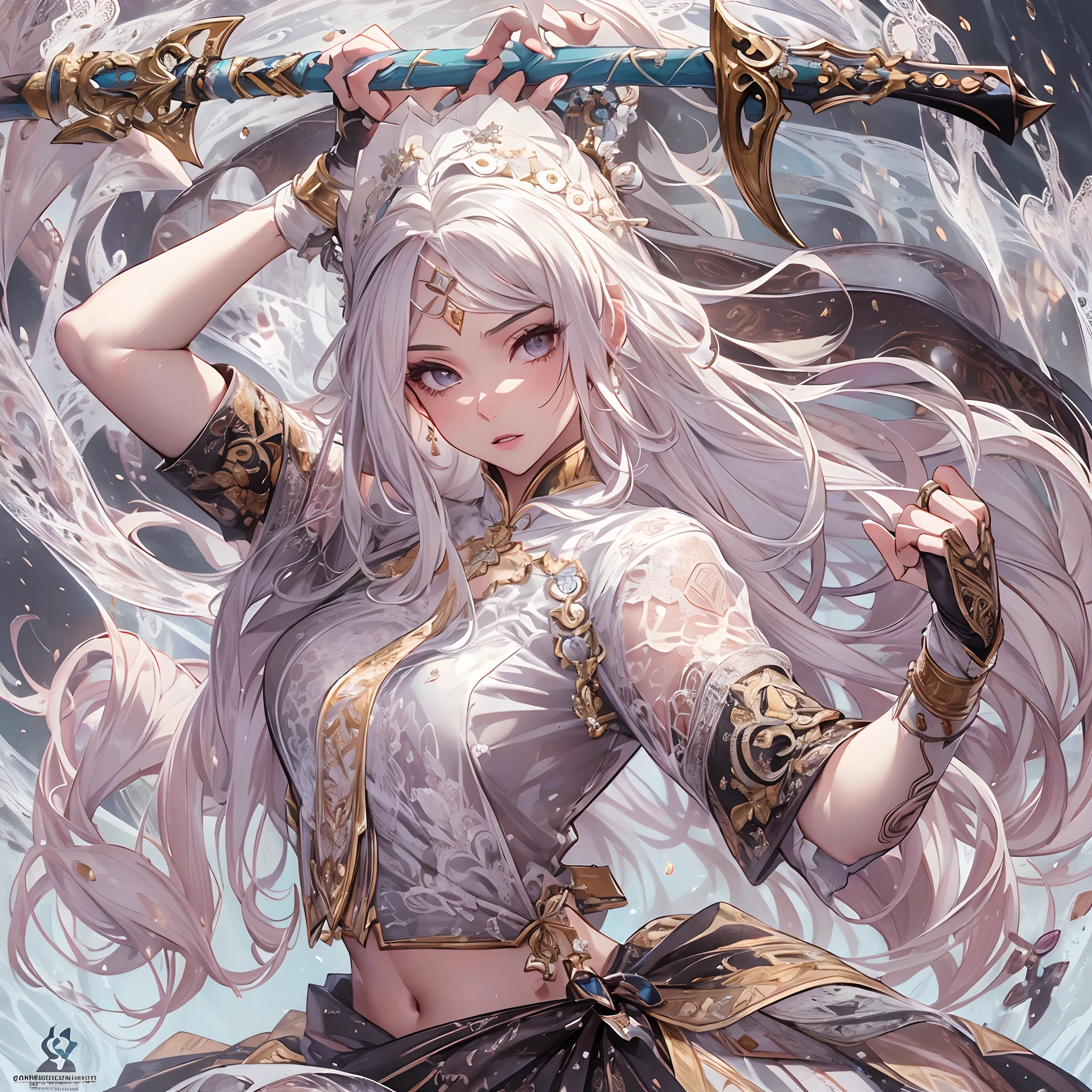 ((Masterpiece, Highest quality)), Detailed face, CharacterDesignSheet， full bodyesbian, Full of details, Multiple poses and expressions, Highly detailed, Depth, Many parts，Martial arts girl，white colors，holds a spear，double-ponytail，estilo fantasia，Surrounded by flames，Extremely beautiful，High Balance, Natural light, Lace，lacepantyhose，water ripple，The water is rippling