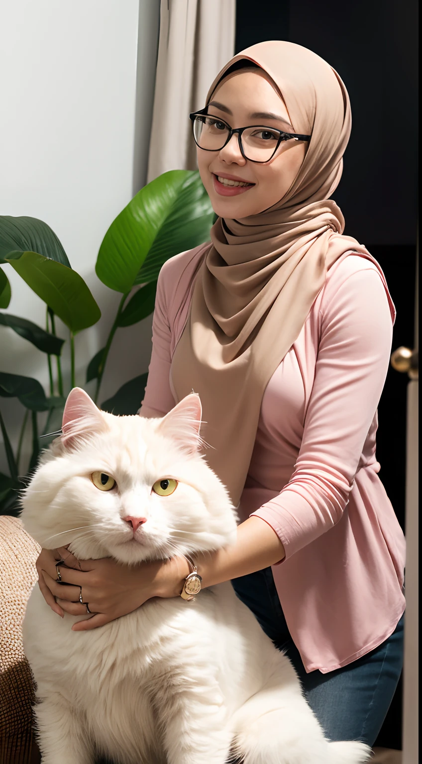 Design a heartwarming scene as the young Malay woman interacts with her beloved cat pet, big fluffy white persian cat, beautiful woman with beautiful small petite body, wear glasses, short white hair, bob haircut with bangs, small petite body, showcasing the bond between them in a cozy home setting, bright lighting, happy,