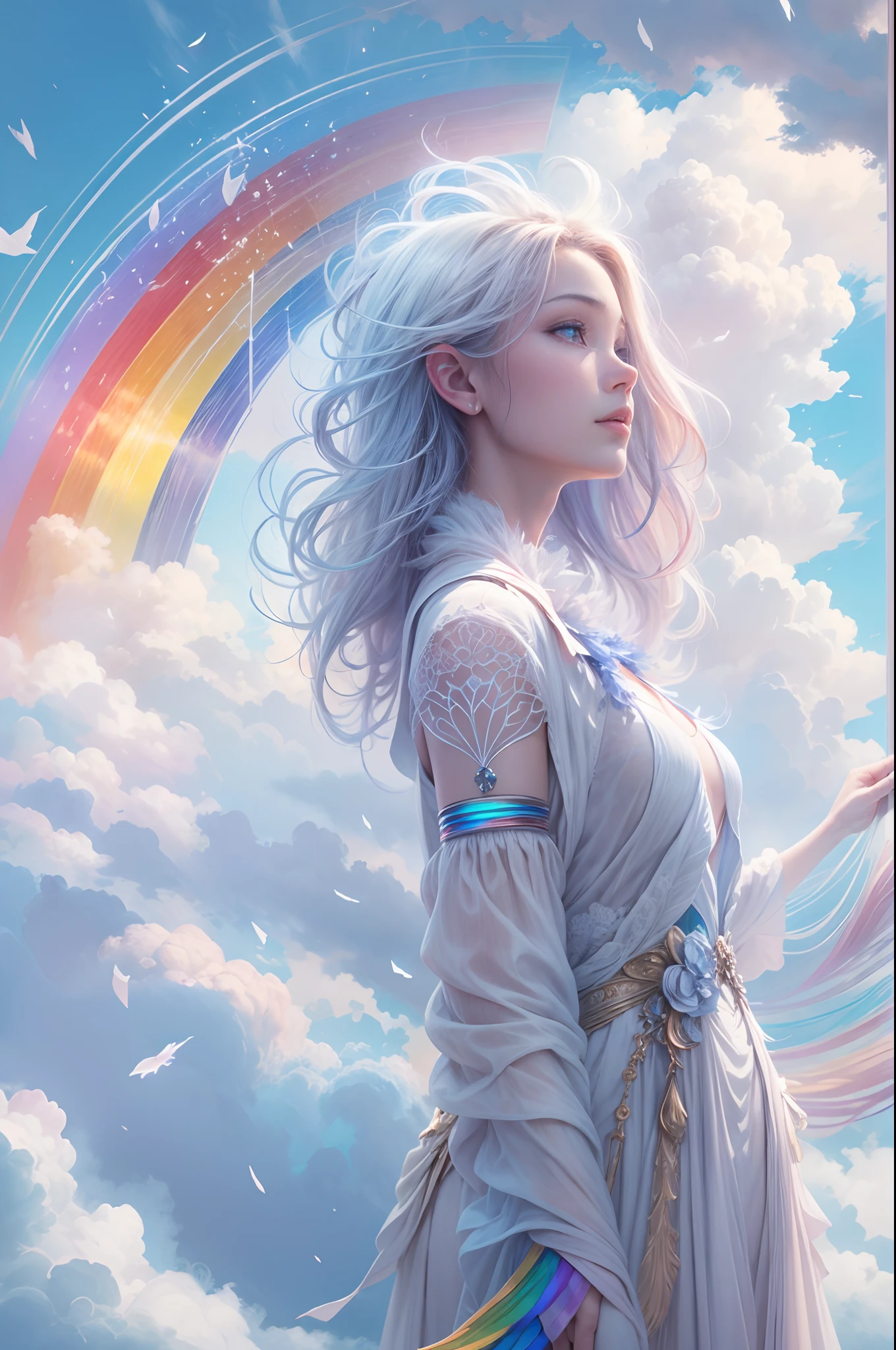 (Need)), ((tmasterpiece)), (A detailed),rainbowing,Blue sky and white cloud background,Detail rainbow,Blue sky rainbow,ethereal rainbows,Simple composition,anatomy correct,Surreal dreams,Surrealist art fantasy style,Epic digital fantasy art style