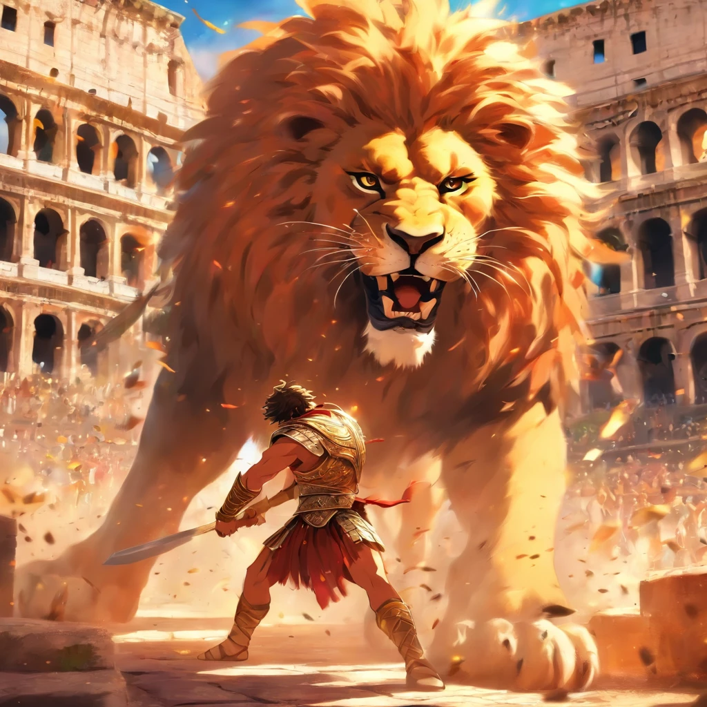 Roman slave fighting a lion in the colosseum