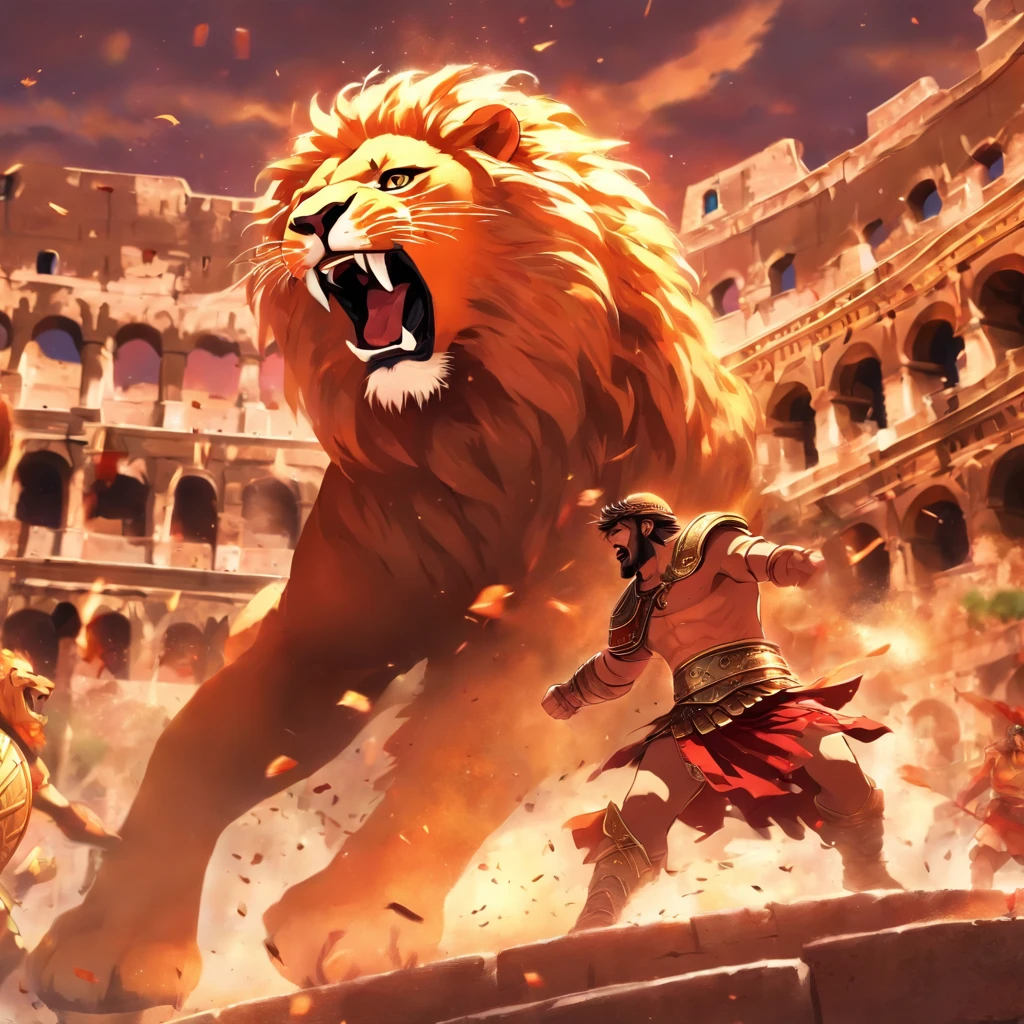 Roman slave fighting a lion in the colosseum