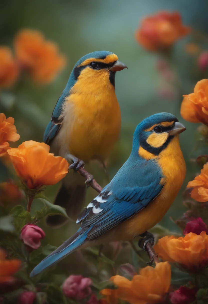 De beaux oiseaux debout sur des fleurs avec des converses aux pattes