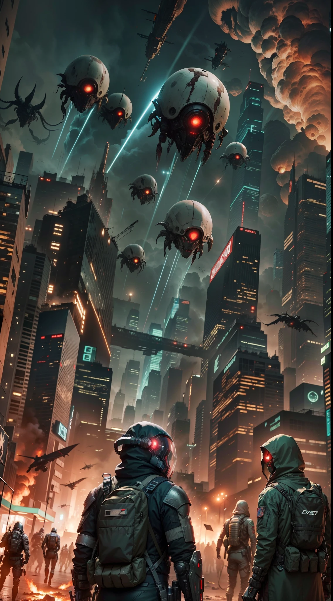 "Creepy and intense alien invasion scene with dark atmosphere, dramatic lighting, and intense action. Show powerful extraterrestrial creatures, advanced technology, destroyed cityscape, panicked civilians, and a sense of imminent danger. Generate an unsettling and immersive image that captures the chaos and terror of an otherworldly invasion. a group of humans wearing futuristic suits are fighting with laser guns, bloody war, The scene is extremely complex, extremely impressive with intricate details, extremely smooth displayed textures. Bright, sharp light"
