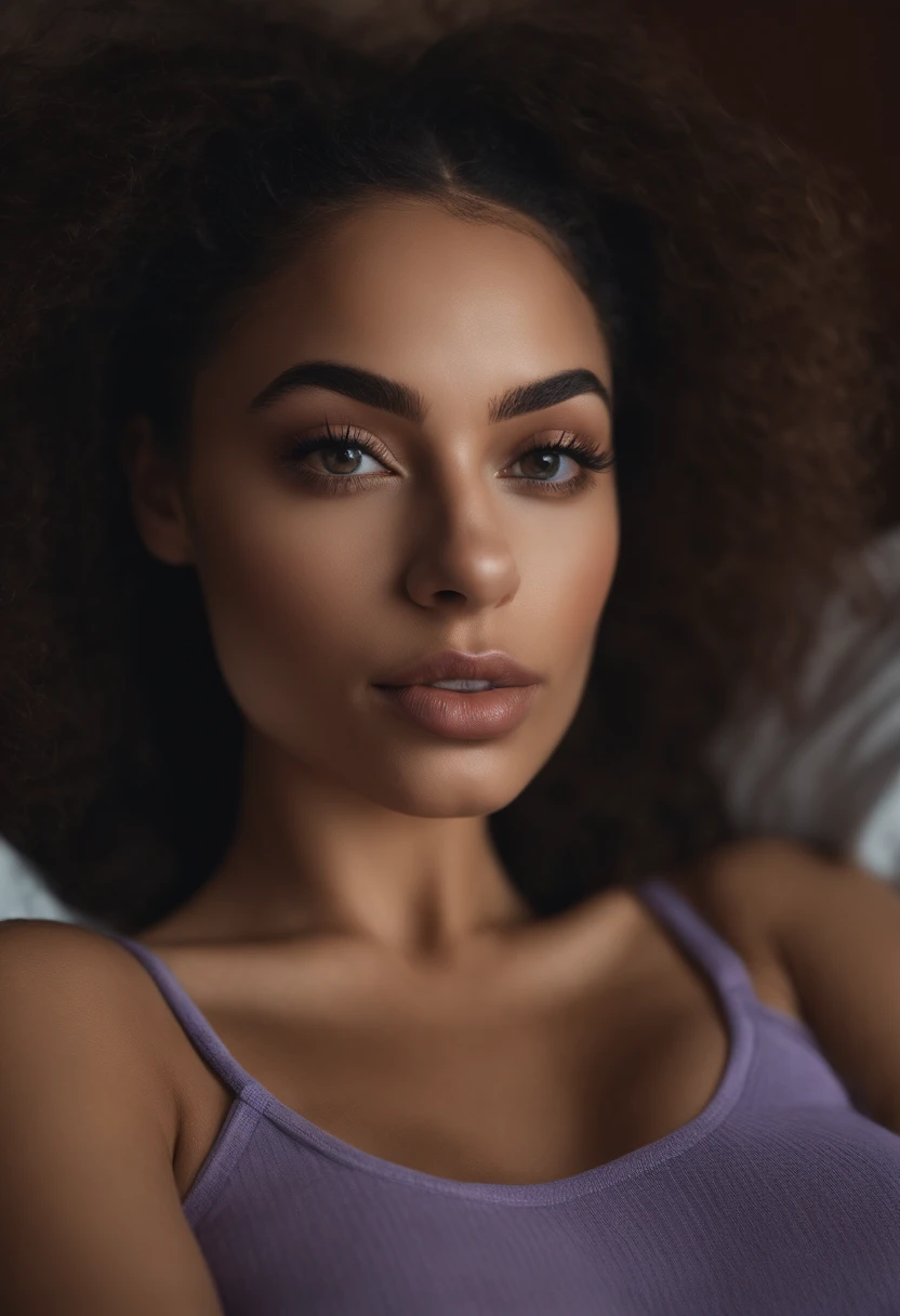 Femme aux traits de jorja smith, fille sexy aux yeux bruns, ultra realist, Meticulously detailed, Portrait , cheveux bruns et grands yeux, selfie of a young woman, on the sofa, Violet Myers, sans maquillage, maquillage naturel, looking straight at camera, Visage avec Artgram, Maquillage subtil, Great photo of the whole body kneeling on the bed, dans la chambre, seins de buste de taille grands, provocateur