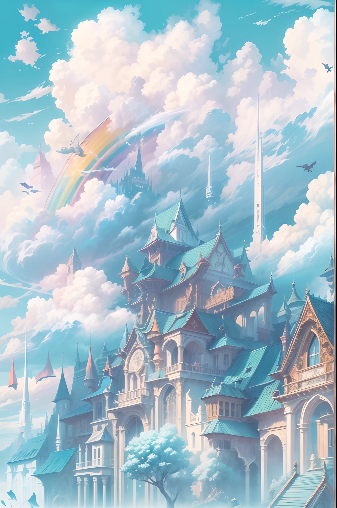 (Need)), ((tmasterpiece)), (A detailed),rainbowing,Blue sky and white cloud background,Detail rainbow,Blue sky rainbow,ethereal rainbows,Simple composition,anatomy correct,Surreal dreams,Surrealist art fantasy style,Epic digital fantasy art style