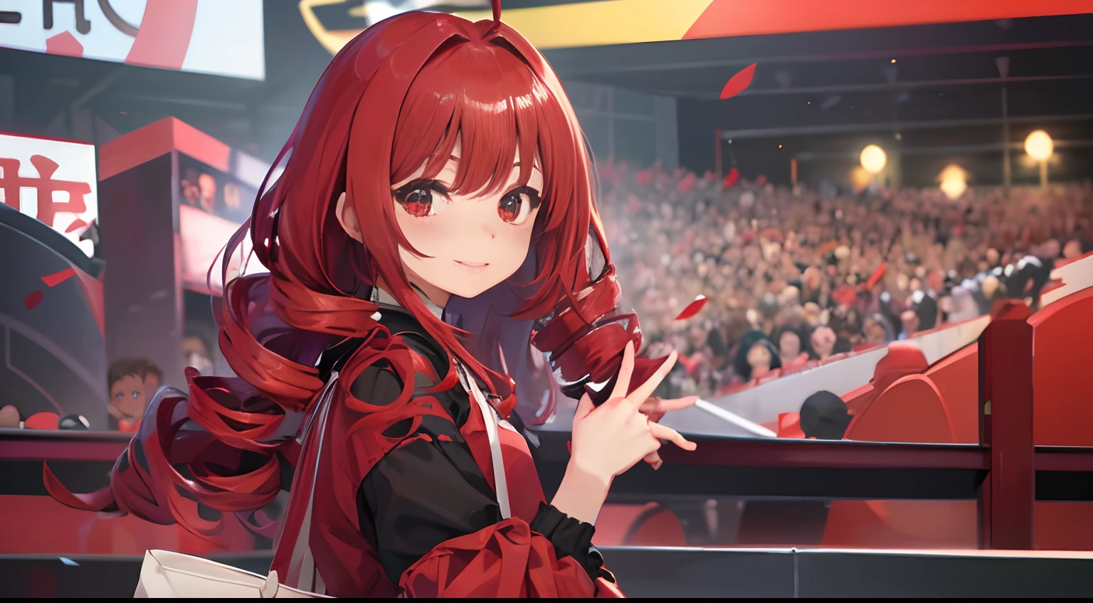 kawaii、1girl in、hiquality、((​masterpiece))、Tet、KasaneTeto、Twindrill hair、Smile in public、at stage、red hairs、neat clothes of neat gray color,,、Red curly hair like a drill、red eyes