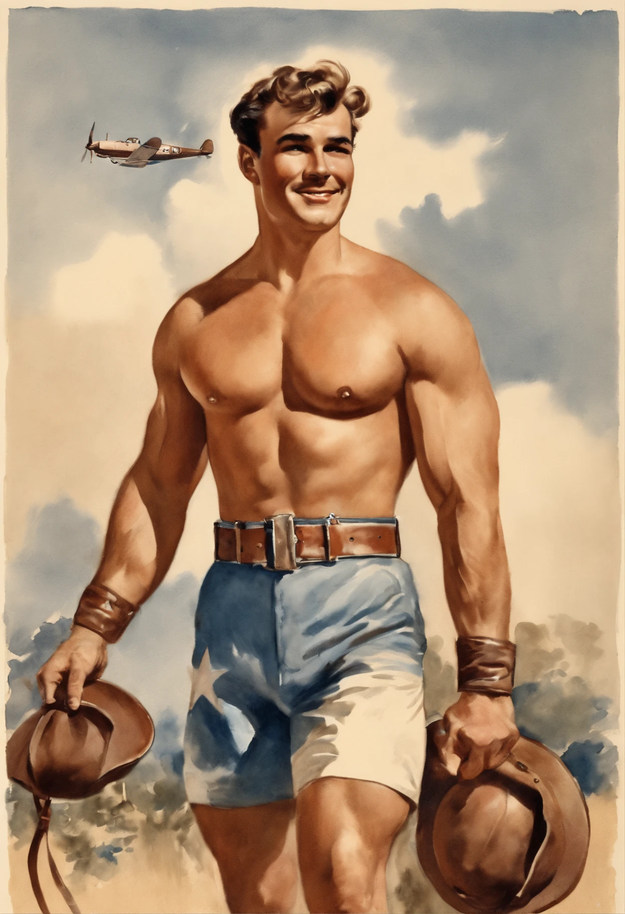 1950s Watercolor, Pen and Ink, 30 yo bodybuilder Burt Reynolds in retro fashion, pin-up style, full body shot, bulging hairy chest, polyester shorts, muscular legs, dynamic bodybuilding pose, depiction of rural life, light gray and light brown and red and white and blue, in the style of classical Americana, ww1 airplane, leather pilot helmet, mottled, playful roughness, dotted, cutout from white background, in the style of Andrew Loomis, masterpiece art work,