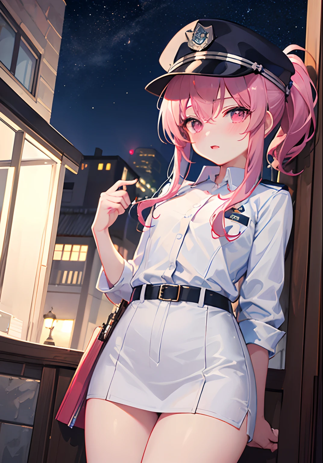 ((masterpiece、top-quality))、 1 人、独奏、police officers(policewoman)、hold ing、outside of house、bangss、deadpan、red blush、A pink-haired、Night view、Pink eyes、police officers(policewoman)Wearing、looking at viewert、Hairstyle is ponytail、tiny chest
