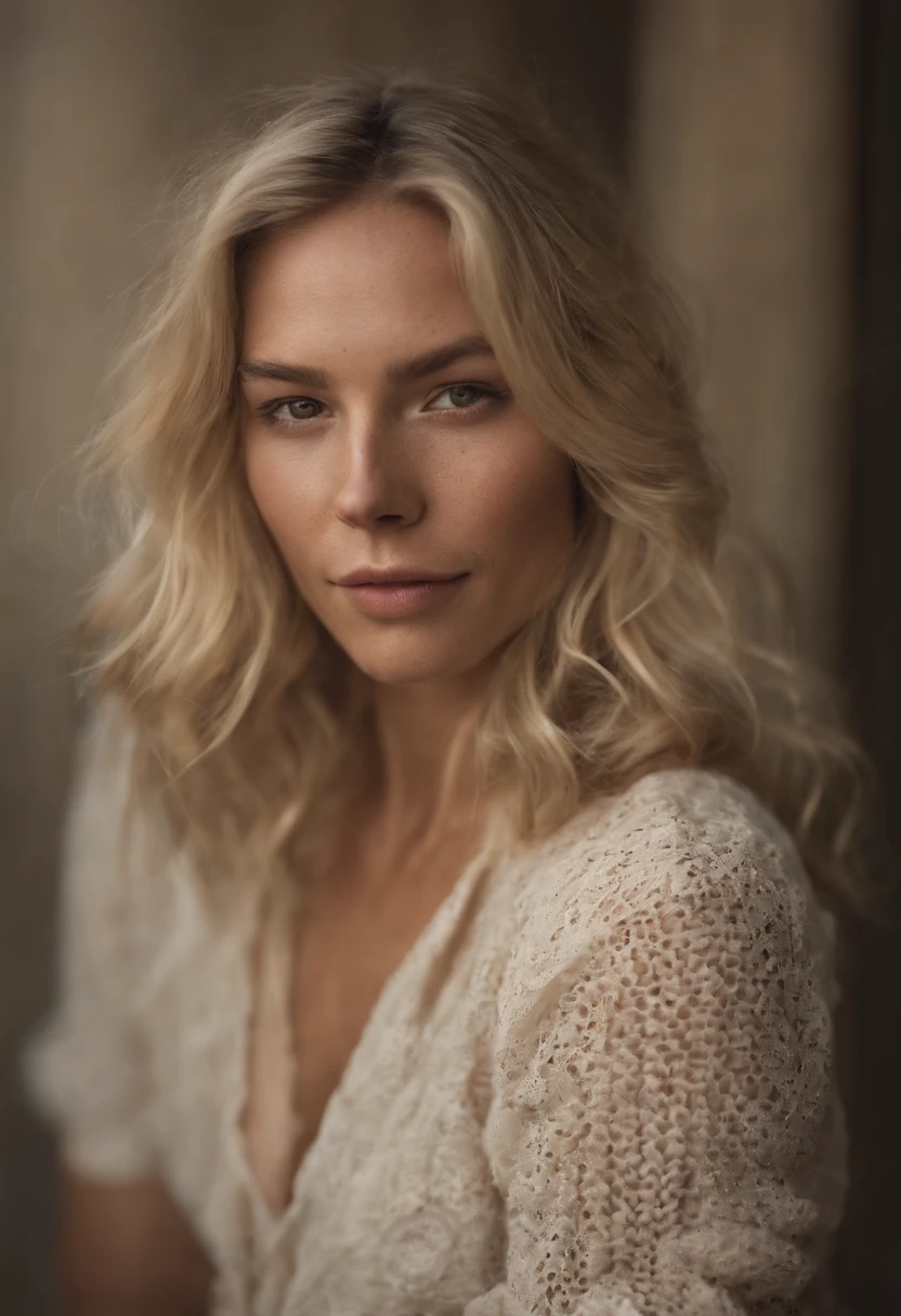 Blonde woman with freckles on her face, slim body, small boobs with bare penis