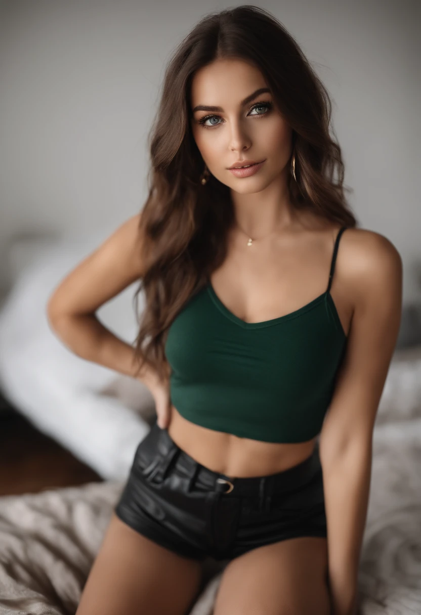 arafed woman with a white tank top and a necklace, sexy girl with green eyes, portrait sophie mudd, brown hair and large eyes, selfie of a young woman, bedroom eyes, violet myers, without makeup, natural makeup, looking directly at the camera, face with artgram, subtle makeup, stunning full body shot, piercing green eyes, beautiful angle, attractive pose, cute girl, sexy pose, full body picture, full body, full body shoot, brunette goddess, high detail, satisfied pose, leather pants