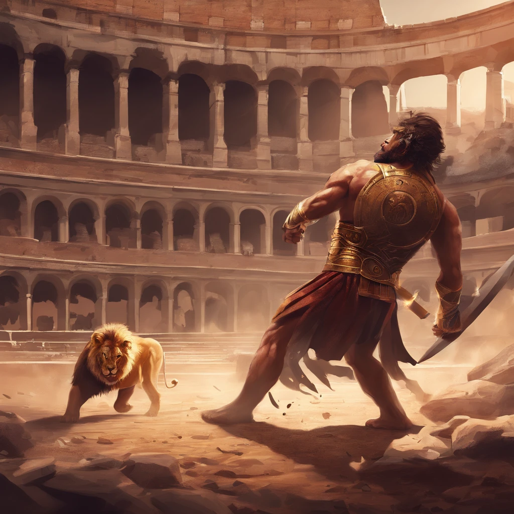 Roman slave fighting a lion in the colosseum