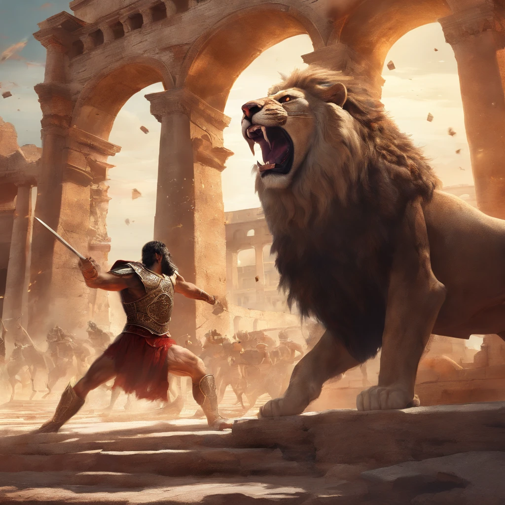 Roman slave fighting a lion in the colosseum