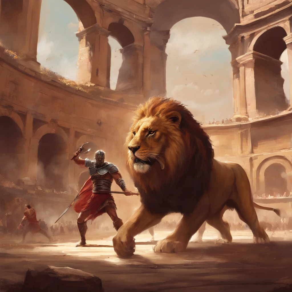 Roman slave fighting a lion in the colosseum