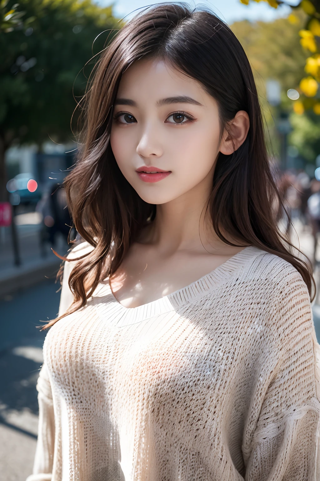 (8K,Raw photo、Raw photo、top-quality、Master masterpiece:1.2)、ultra-detailliert、Super Resolution、(Photorealsitic:1.3)、Angle to shoot from the front、Clearly draw shades of light、high resolution RAW color photos、professional photograpy、Same skin type as humans、Female proofreading of Japan from head to waist、Blur the background、Draws faithfully to anatomy、cafes、Very detailed and beautiful、Ultra-high image quality、long、Hair swaying and sexy、Very detailed beautiful girl、(Pink Eye Shadow)、smil、Plain clothe、The upper part of the body、Park on a sunny day、Loosely curly hair、Sweaters