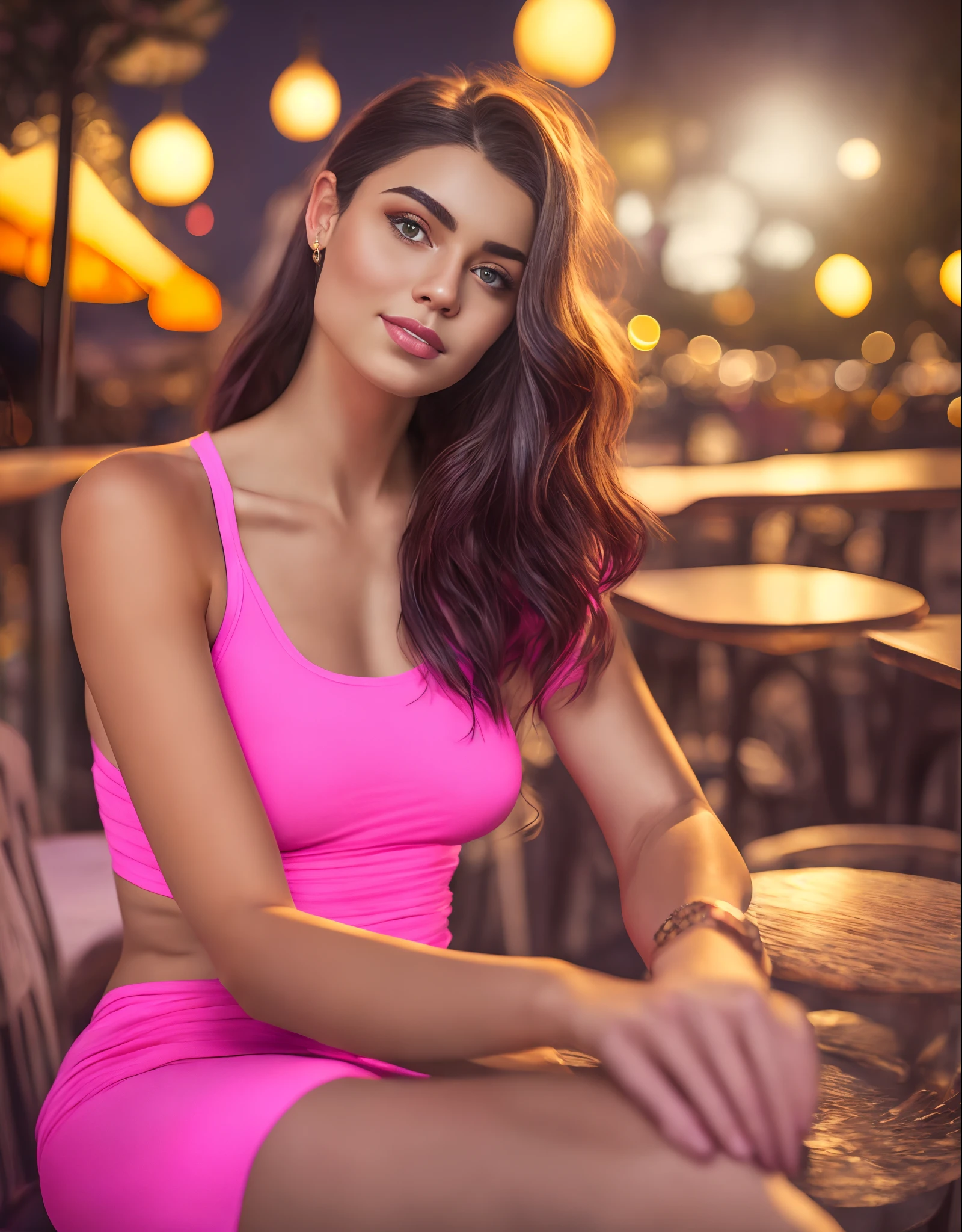 High quality, masterpiece, Long Shot, ultra realistic detailed photograph Anna, Canon EOS 2000D, style of Alessio Albi, sitting in the cafe outdoor at night, wearing a crop top, and jeans, pink lips, straight hair, ultra realistic beautiful face, detailed symmetrical eyes with a round iris, slim body, aesthetic body, fair skin, perfect finger, perfect anatomy, 8k quality, luxurious, expensive, glamorous, golden hour, golden lights, high quality background, ultra detailed scenery, ultra sharp focus, unzoom image, HD Crisp Upscaled Image, 8k quality, sunlight, cinematic light. --auto --s2