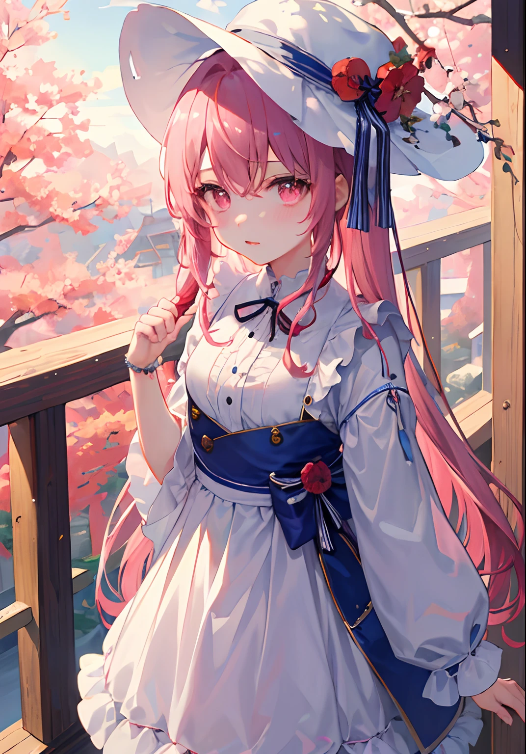 ((masterpiece、top-quality))、女の子 1 人、独奏、idol、hold ing、Skysky、clouds、Hats、outside of house、bangss、deadpan、red blush、A pink-haired、Autumn scenery、Pink eyes、Wearing an idol costume、looking at viewert、Hairstyle is Odango、Braided bangs、tiny chest、
