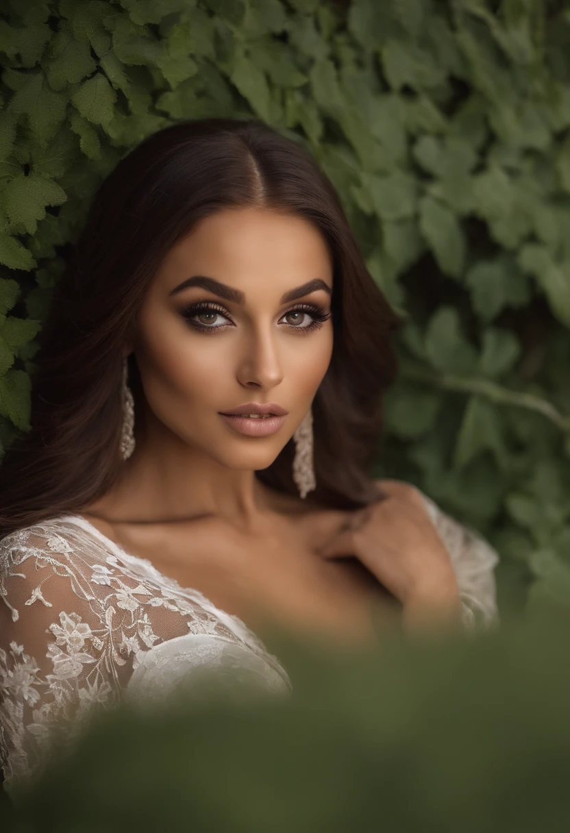 American Woman with White Lace Lingerie, fille sexy aux yeux bruns avec des gros seins, Portrait Ariana Grande, cheveux bruns et grands yeux, Photo d'une jeune femme, Yeux de chambre, Violet Myers, sans maquillage, maquillage naturel, looking straight at camera, Visage avec Artgram, Maquillage subtil, Superbe photo du corps entier, clivage, who poses in front of the camera, with a camera a little far away