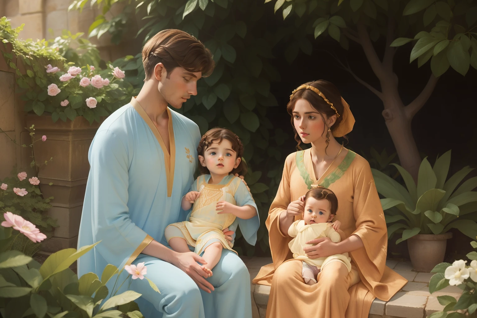 Year: 11th century. Location: Ispahan. Pre-raphaelite scene with a 25-year-old english man, watching his 1-year-old while holding a baby boy, in the garden, love and tenderness, ((((11th century plain caftan)))) ((11th century hairstyle)), (((cinematic style)))