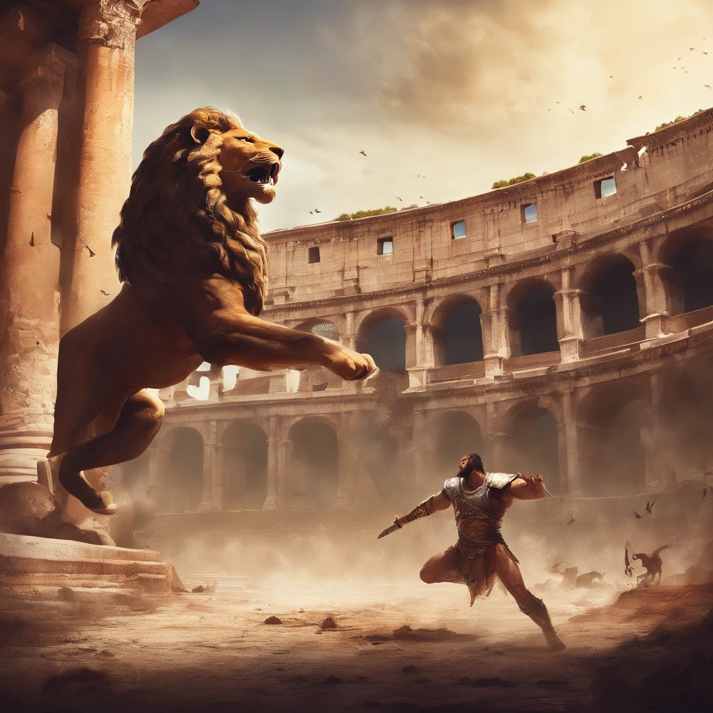 Roman slave fighting a lion in the colosseum