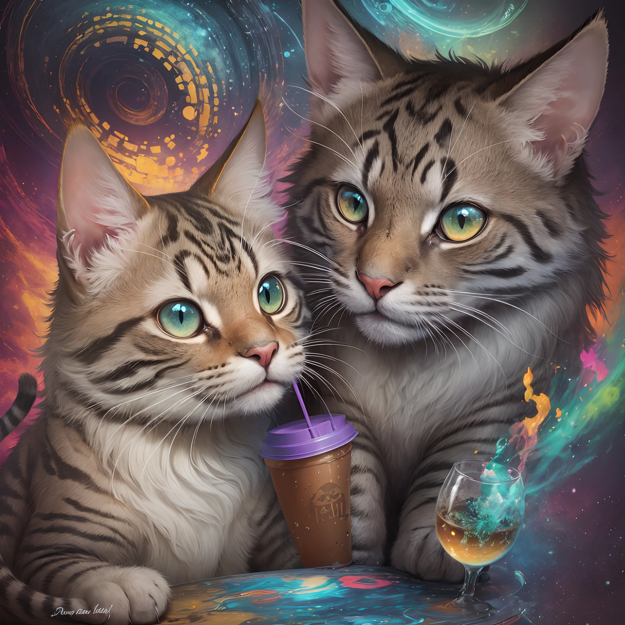 A prehistoric cat drawn by an artist drinking a frappe in a psychedelic quantum realm --auto --s2